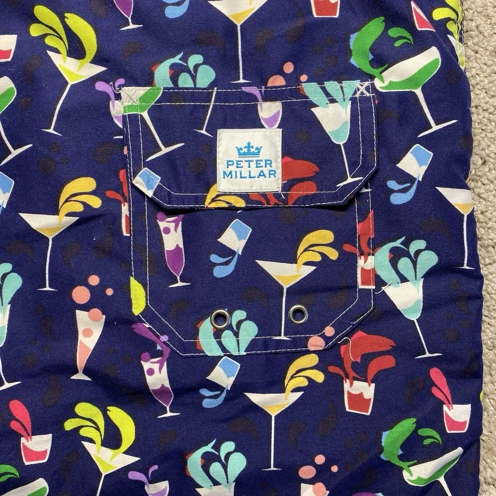 Peter Millar Mens XL Swim Trunks Navy Blue Cocktail‎ Drink Print Mesh Lined 7in